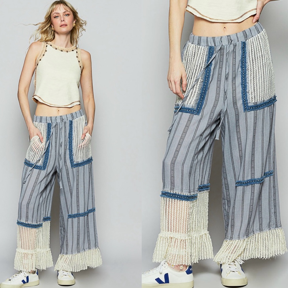 NEW POL Grey Stripe Double Gauze Trim Crochet Flare Pants